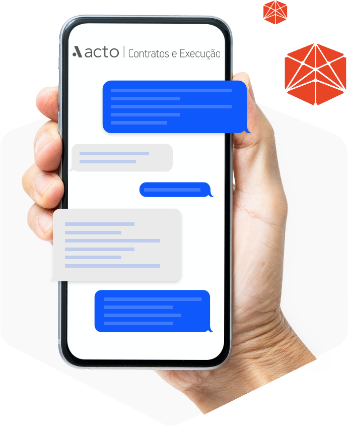 Ilustração de tela de smartphone mostrando o aplicativo Acto Contratos e Execução